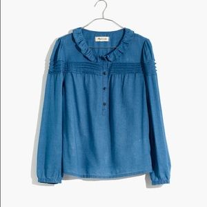 Madewell Indigo Ruffle Pintuck Popover Top